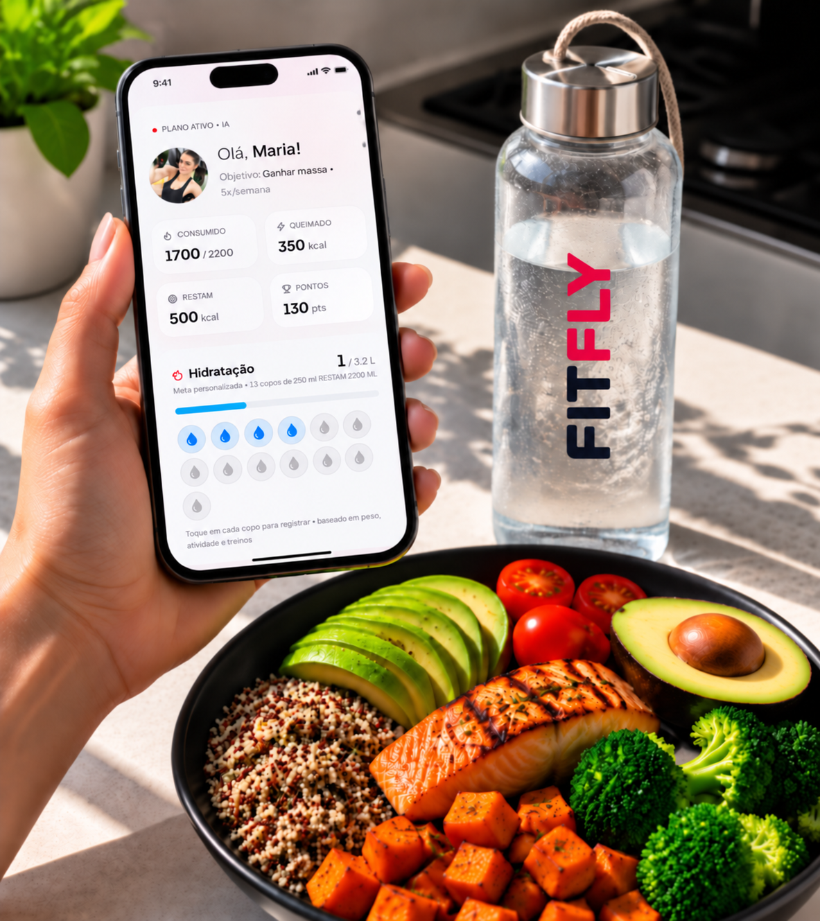 App Fit Fly com plano, hidratação e pontos ao lado de uma refeição saudável